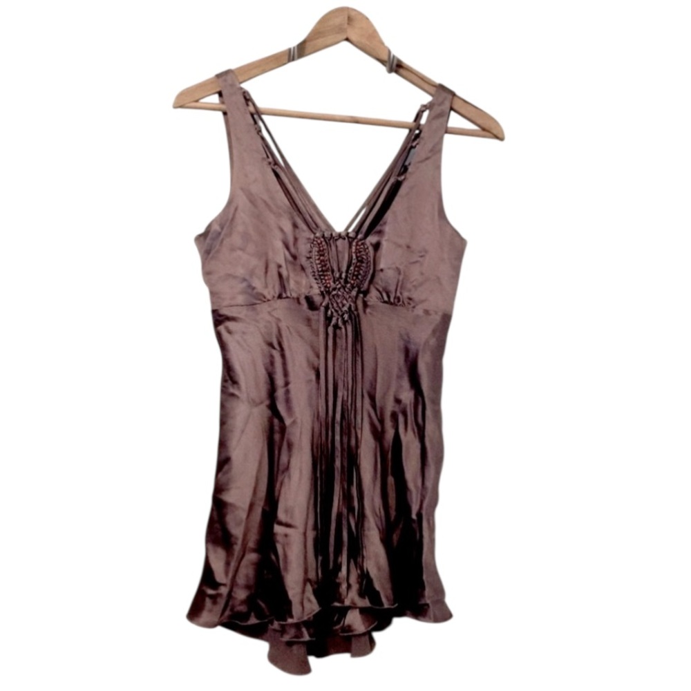 Jak&Rae Brown Taupe  Fringe V Neck Silk Beaded Braided Satin Sleeveless Tank Top
